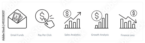 A set of 5 ecommerce and shopping icons such as email funds, pay per click