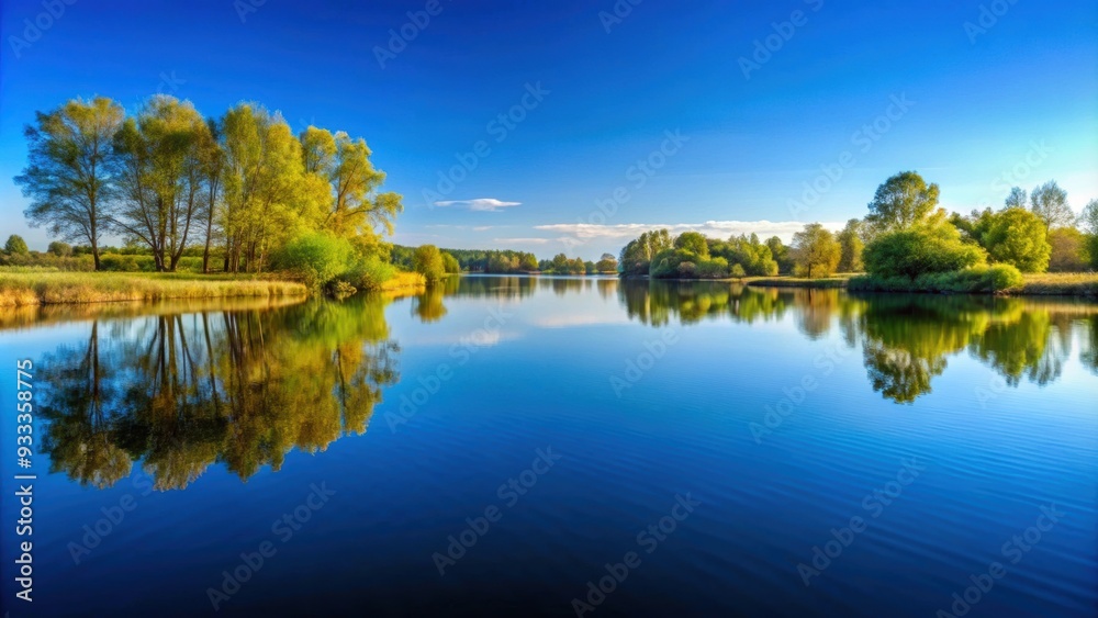 Fototapeta premium Tranquil landscape with a serene lake reflecting a clear blue sky , nature, water, reflection, peaceful, serene, scenic