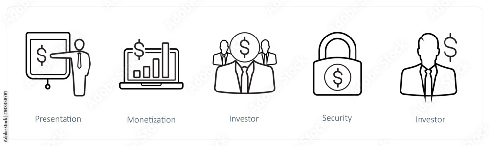 A set of 5 finance and money icons such as presentation, monetization