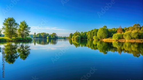 Tranquil landscape with a serene lake reflecting a clear blue sky , nature, water, reflection, peaceful, serene, scenic