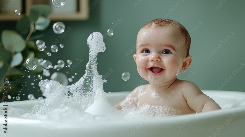 Joyful Splash in Eucalyptus Green, a cheerful baby enjoying a bubble-filled bathtub, surrounded by soft hues, exuding freshness and delight, perfect for product promotion. Joyful Splash in Eucalyptus Green, a cheerful baby enjoying a bubble-filled bathtub, surrounded by soft hues, exuding freshness and delight, perfect for product promotion.