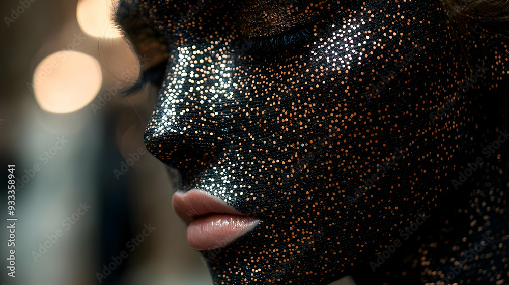 Close-up of a woman's face covered in black and gold glitter. Close-up of a woman's face covered in black and gold glitter.