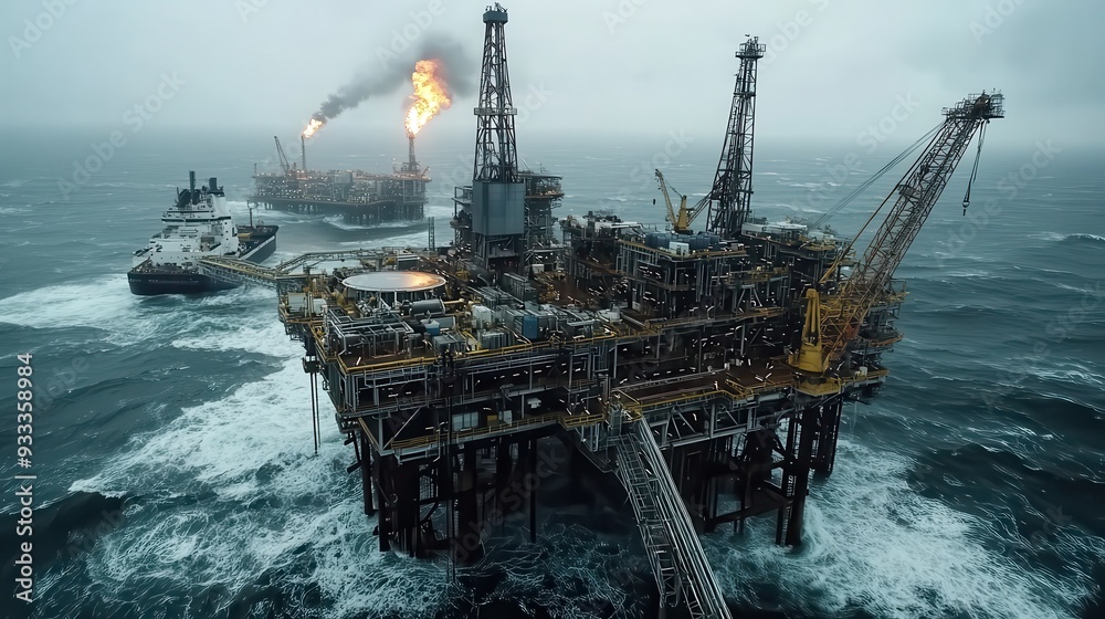 Aerial view of a vast offshore oil and gas platform with supply vessel ...
