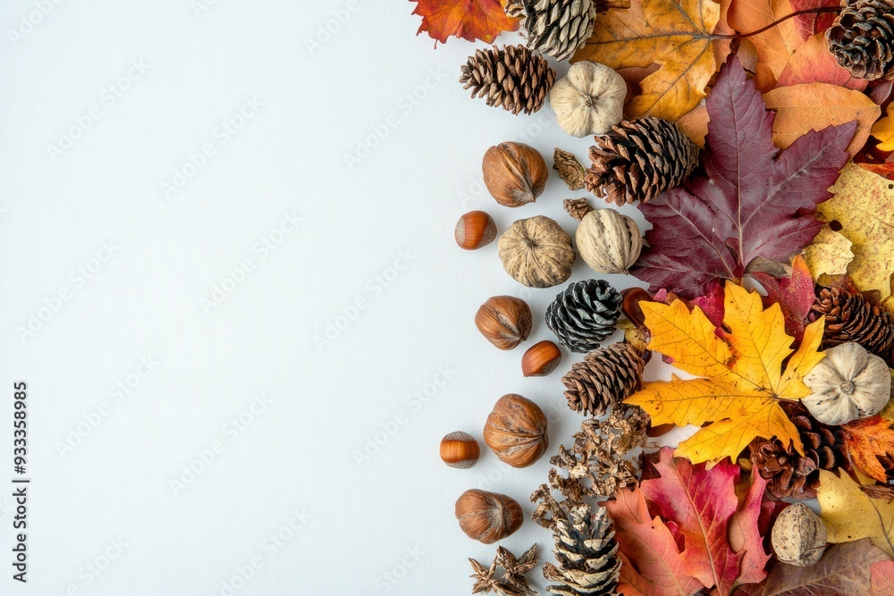 Obraz premium Autumnal Arrangement of Leaves, Nuts, and Pinecones