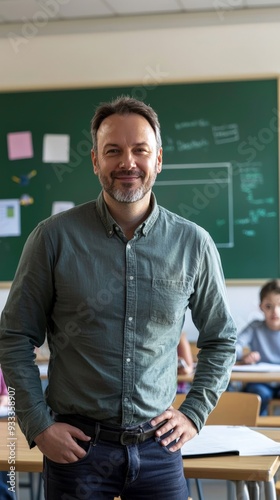 A professional portrait of a teacher in a classroom, standing by a chalkboard, with students' desks arranged neatly