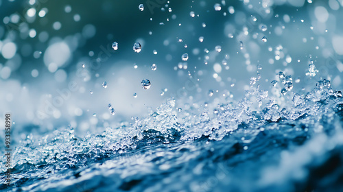 Close-up of water rushing over the edge of a waterfall, with droplets captured in mid-air against a backdrop of natural beauty 