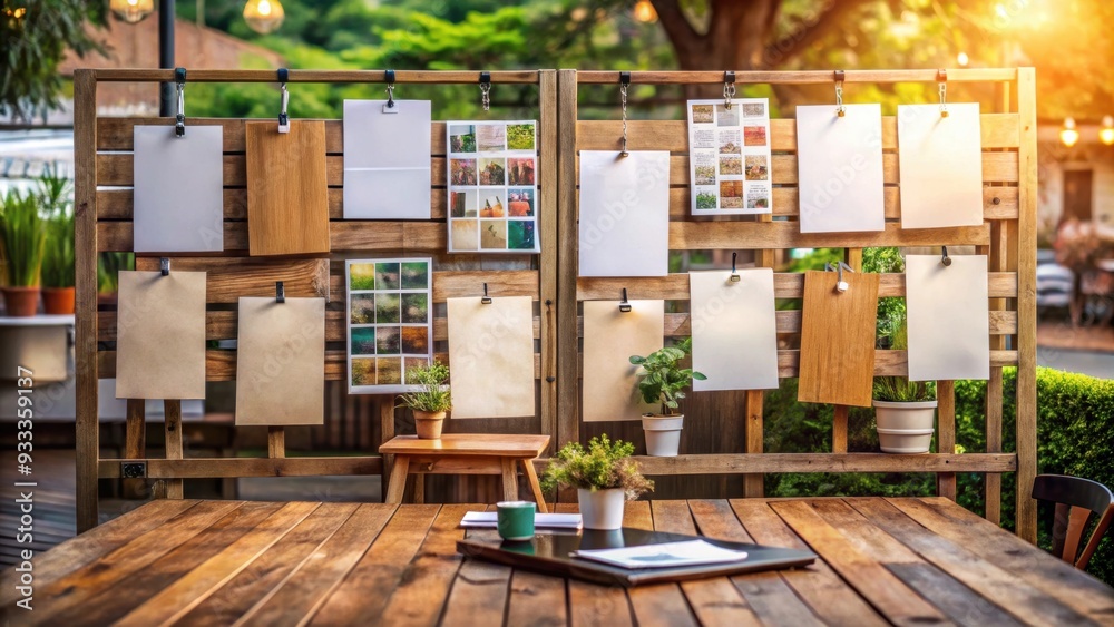 Promotion board with various flyers and posters on a rustic cafe wooden table , cafe, promotion, board, flyers Promotion board with various flyers and posters on a rustic cafe wooden table , cafe, promotion, board, flyers