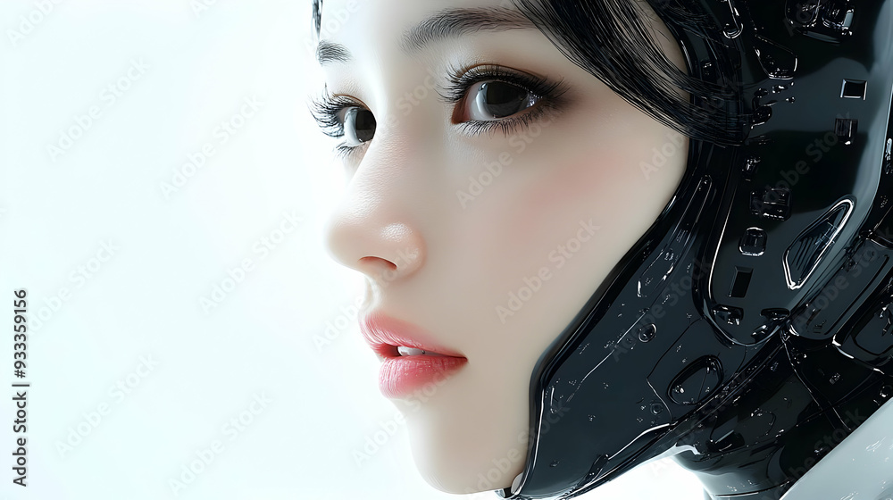 Close-up of a woman's face wearing a black helmet. Close-up of a woman's face wearing a black helmet.
