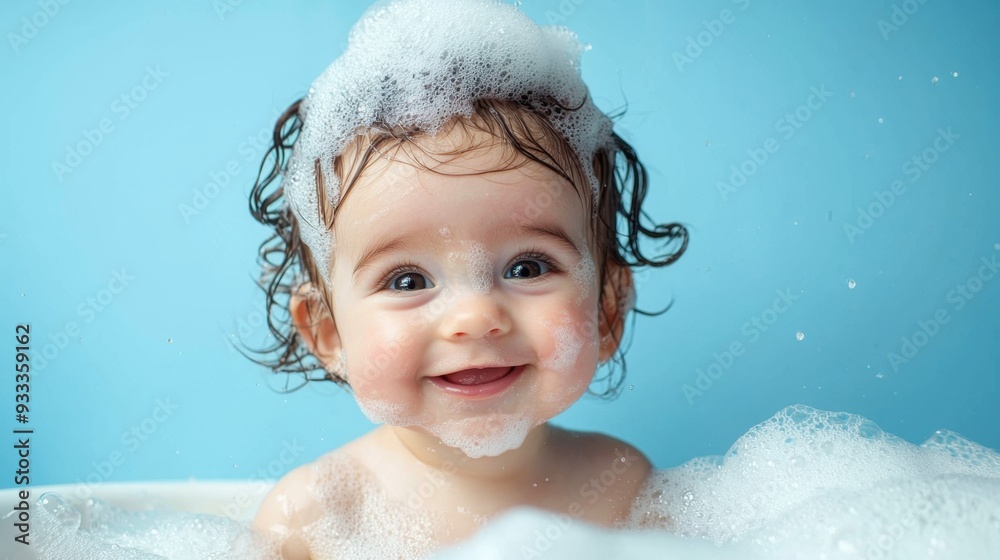 Gentle Baby Bathing Bliss, a joyful baby with foamy hair happily splashes in a warm bath, surrounded by a soothing powder blue background, inviting tranquility and joy. Gentle Baby Bathing Bliss, a joyful baby with foamy hair happily splashes in a warm bath, surrounded by a soothing powder blue background, inviting tranquility and joy.