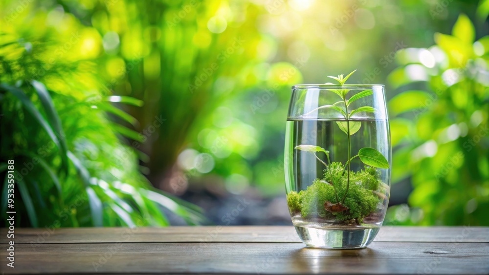 Glass filled with water and green plants for room decoration, serene, interior design, decorative, tranquility, houseplants Glass filled with water and green plants for room decoration, serene, interior design, decorative, tranquility, houseplants