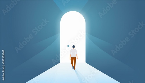 vector concept illustrating a business opportunity or career success, featuring a man confidently walking through a door bathed in light. This symbolic image suggests a promising future and new beginn
