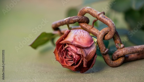 weathered, rusty chain tightly entangles a wilted rose, symbolizing the decaying grip of a once vibrant love, now corroded by time, suffocating the delicate beauty that remains photo