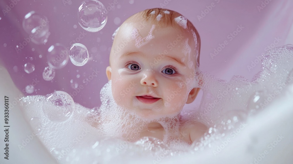 Gentle Baby Shampoo Bliss, a joyful baby splashing in bubbles during bath time, surrounded by a soft lavender hue, inviting a playful and refreshing atmosphere. Gentle Baby Shampoo Bliss, a joyful baby splashing in bubbles during bath time, surrounded by a soft lavender hue, inviting a playful and refreshing atmosphere.
