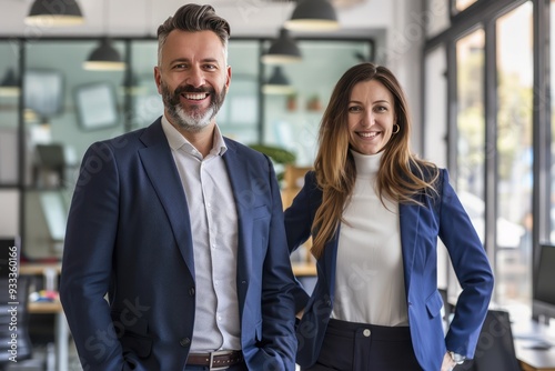 Portrait of smiling businessman and businesswoman standing in modern office, professional setting.