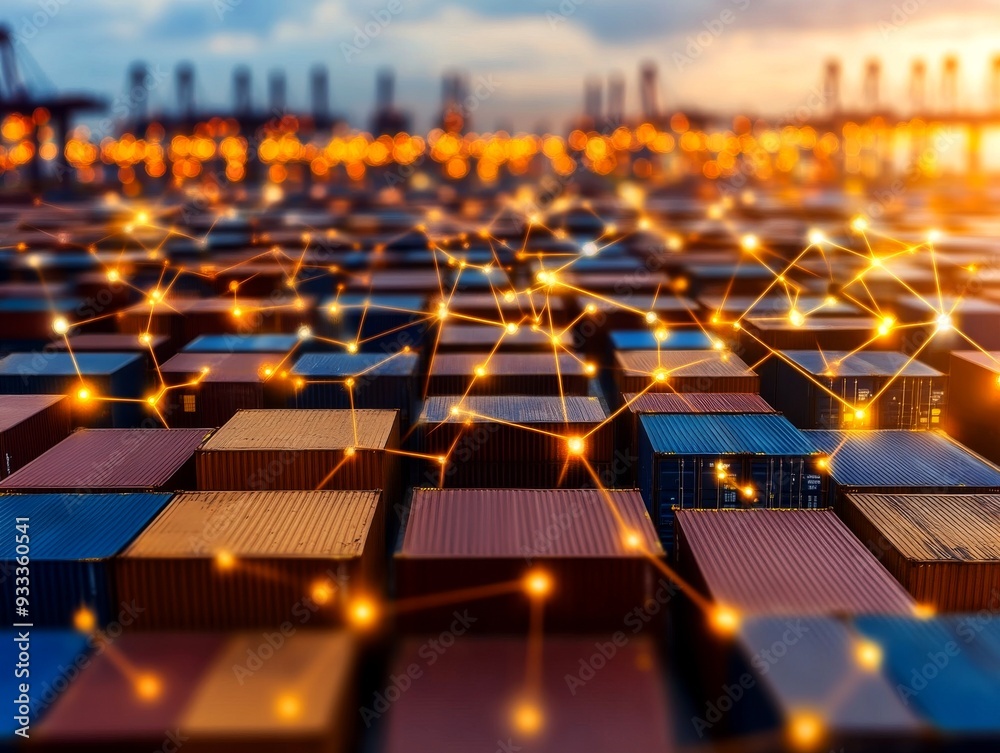 Fototapeta premium A stunning view of cargo containers illuminated by lights, showcasing modern logistics and global trade at a busy port.