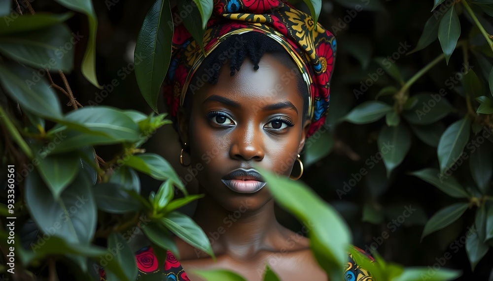 A young Black woman with short dark hair wearing a colorful headwrap surrounded by lush green foliage A young Black woman with short dark hair wearing a colorful headwrap surrounded by lush green foliage
