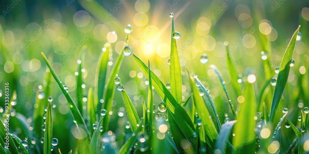 Fototapeta premium Fresh green grass blades with dew drops in the early morning light, nature, outdoors, environment, green, wet, water droplets