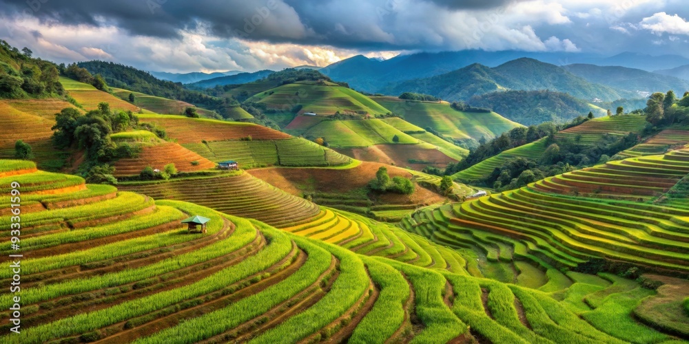 Naklejka premium Agricultural terraces on mountains in Chiangrai province, mountain, agriculture, farm, rural, landscape, crops, fields