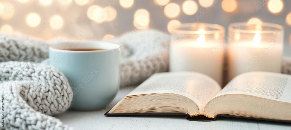 Cozy evening reading with candles and soft blanket by glowing lights Cozy evening reading with candles and soft blanket by glowing lights