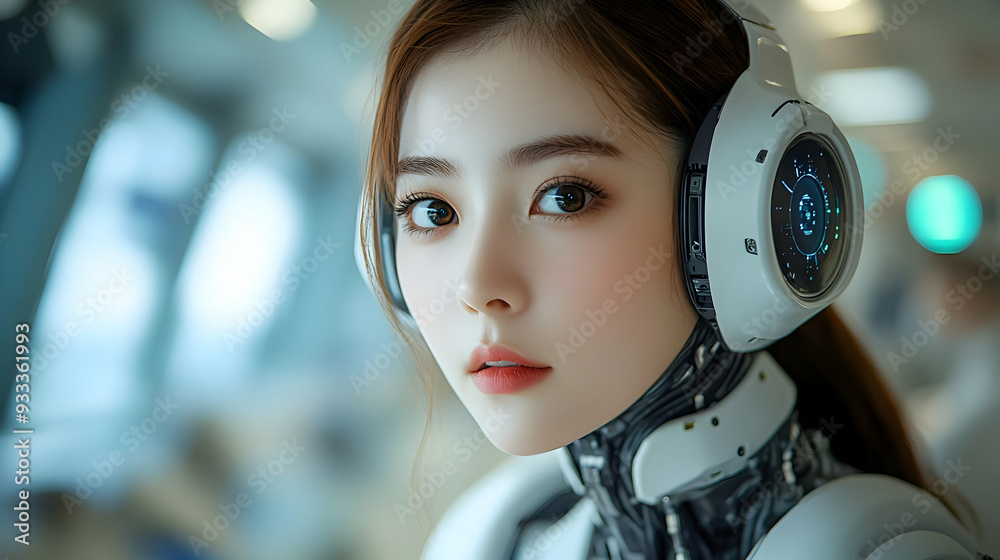 Close-up portrait of a female cyborg wearing headphones. Close-up portrait of a female cyborg wearing headphones.
