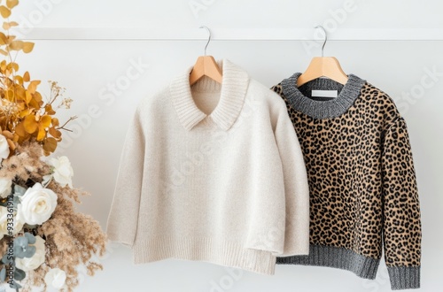 Soft sweaters hanging on a wooden rack against a light wall
