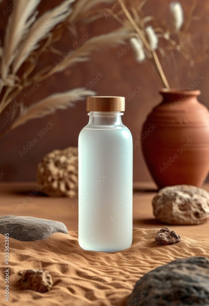 Serene glass bottle on sandy surface, surrounded by textured rocks, featuring natural elements and earthy tones, embodying simplicity and tranquility in a rustic setting.