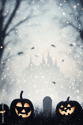 Jack-o'-lanterns glow in a spooky graveyard with a haunted castle at dusk