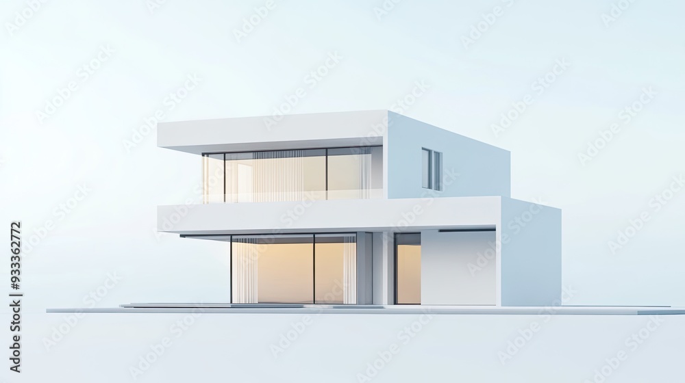 Modern white house with glass windows and balcony.