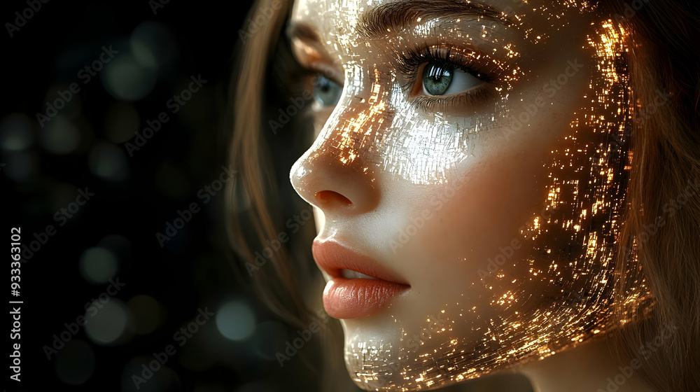 Close-up portrait of a woman with glowing, futuristic makeup on her face. Close-up portrait of a woman with glowing, futuristic makeup on her face.