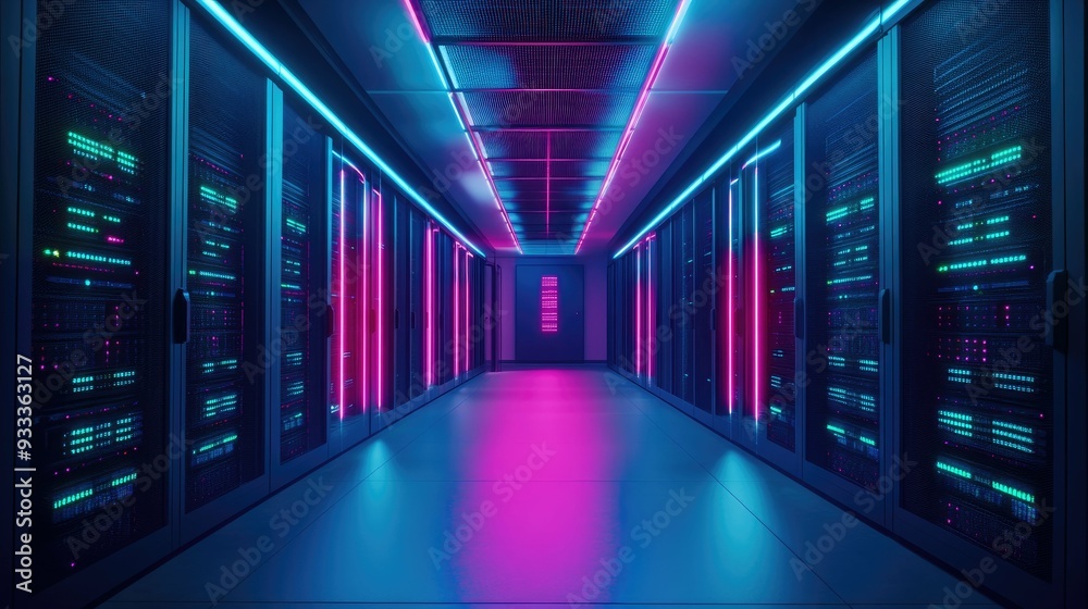 Neon lit server room with blue and purple lights and black server racks. Neon lit server room with blue and purple lights and black server racks.