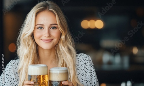 Young woman cheerfully holds two mugs of beer against a dark background in a ...
