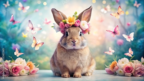 Adorable bunny in a floral crown, surrounded by pastel-colored flowers and butterflies, posing in front of a soft-focus, dreamy beauty studio background. photo