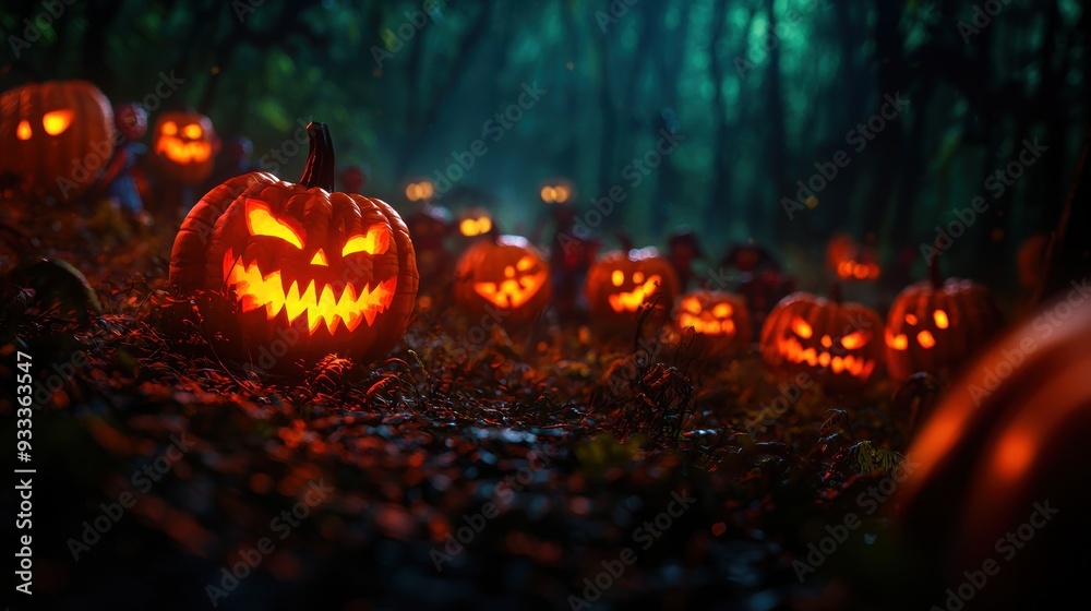 Naklejka premium Spooky Pumpkin Monsters Ambush Kids in Haunted Forest - Cartoon with Copy Space for Text, Quality