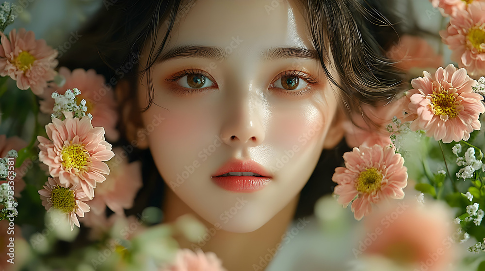Close-up portrait of a woman with soft pink flowers.