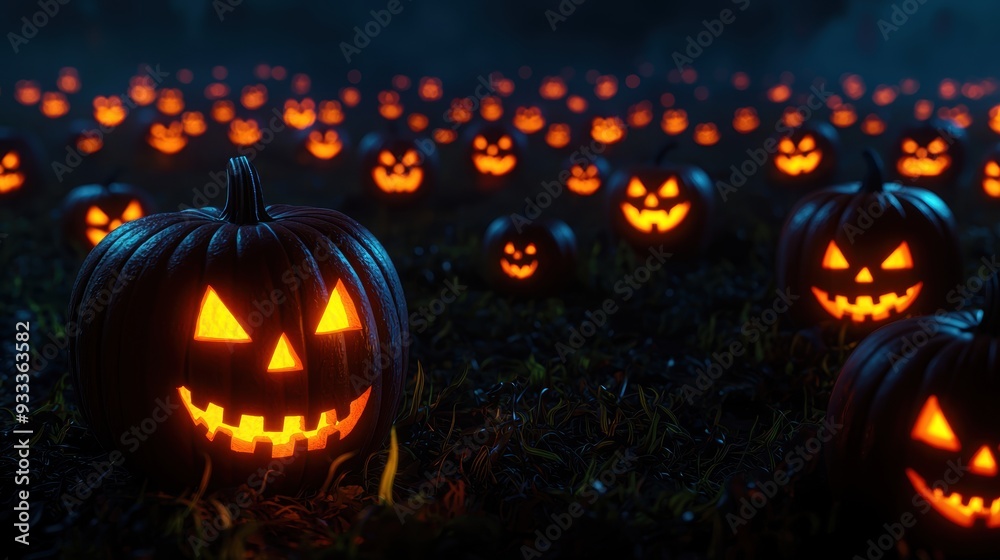 Spooky Cartoon Pumpkin Village with Glowing Faces - Halloween Fantasy Scene with Copy Space for Text in Spooky Cartoon Pumpkin Village with Glowing Faces - Halloween Fantasy Scene with Copy Space for Text in