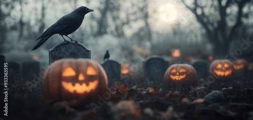 A raven perched on a gravestone beside glowing pumpkins during a Halloween night