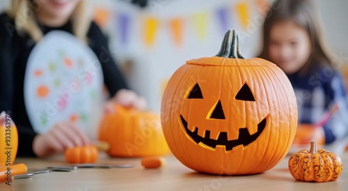 Preparing a pumpkin bowl full of popcorn during autumn in a cozy kitchen setting