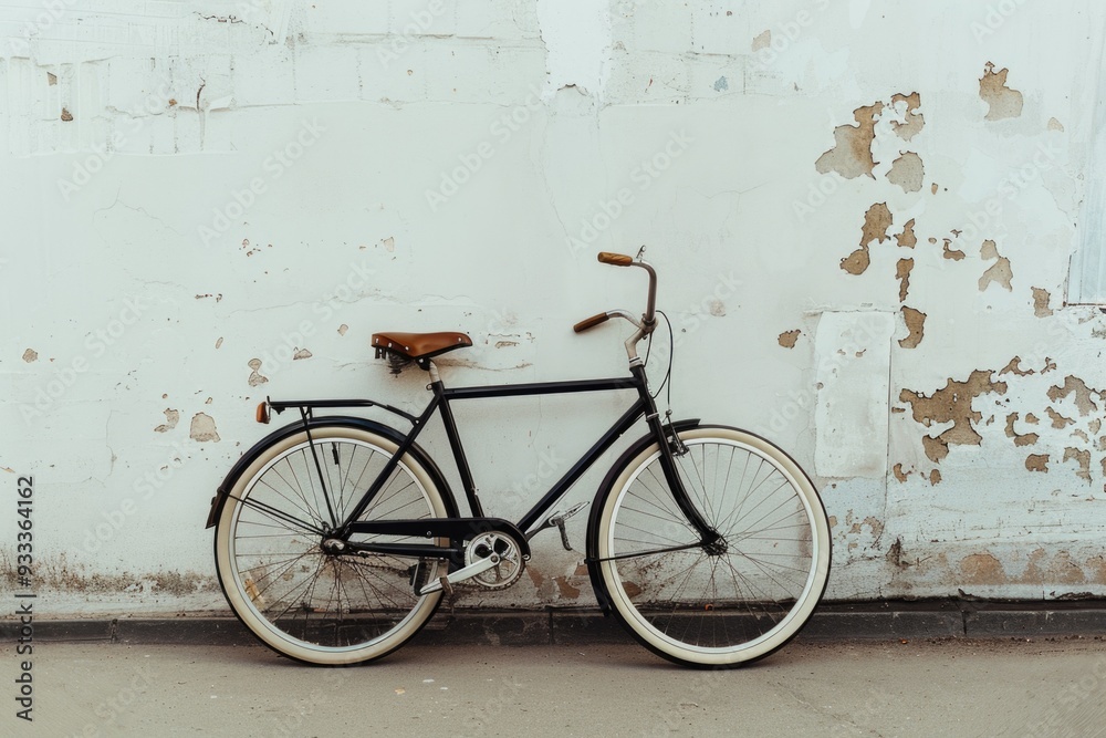 A single black bicycle leaning against a white wall in a minimalist setting A single black bicycle leaning against a white wall in a minimalist setting