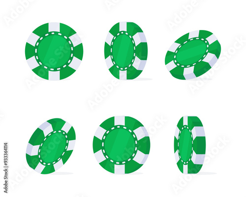 Six green poker chips rotating, showing all sides of the chips, for gambling or casino concepts