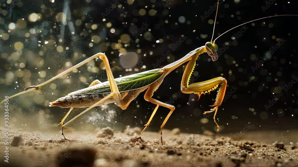 Golden Hunter in the Glimmering Rain: A praying mantis stands poised amidst a cascade of shimmering raindrops, its intricate details illuminated in the warm light. Golden Hunter in the Glimmering Rain: A praying mantis stands poised amidst a cascade of shimmering raindrops, its intricate details illuminated in the warm light.