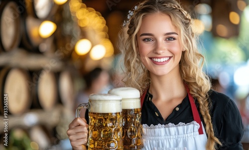 Young woman serving beer in a rustic tavern during a lively afternoon gathering