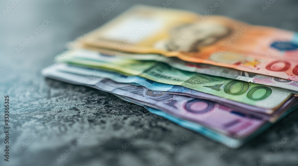 Close-up of a stack of banknotes of different denominations lying on the table Close-up of a stack of banknotes of different denominations lying on the table