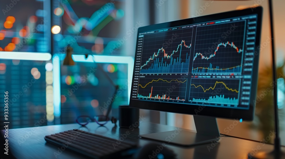 Computer screen with an open program for analyzing financial data, graphs and charts Computer screen with an open program for analyzing financial data, graphs and charts
