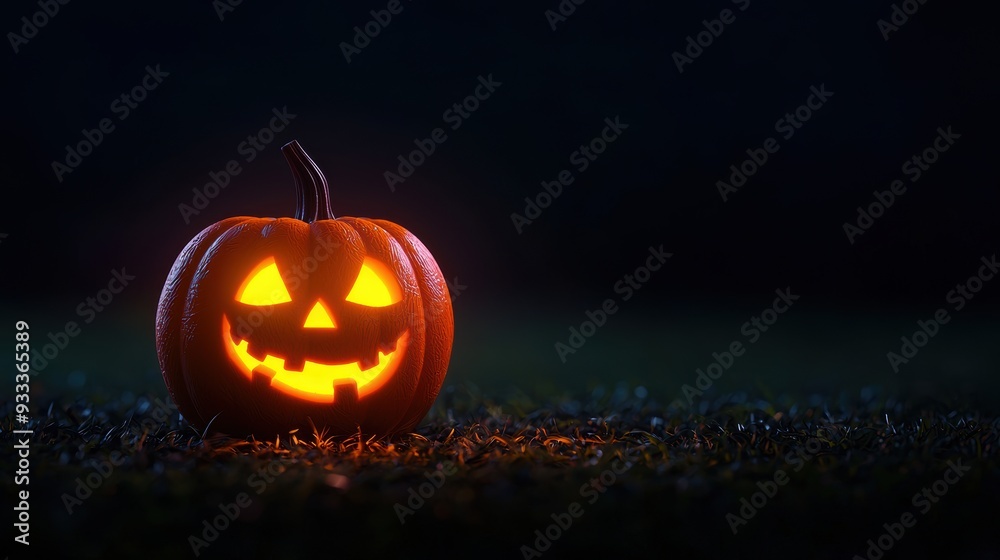 Fototapeta premium Expressive Cartoon Pumpkin with Changing Emotions from Happy to Terrifying Glowing in Flickering Light - Copy Space for Text