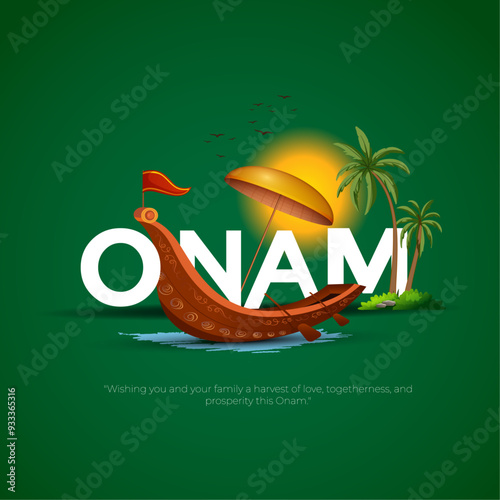 Happy Onam Post and Greeting Card. Minimal and Modern Onam Festival Poster and Flyer Template with Text and Onam Boat Race Vector Illustration