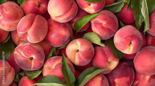 Lush Harvest of Ripe and Juicy Pink Peaches with Green Leaves photo