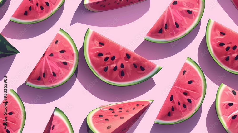 flat vector style, a pattern of slices of watermelon on a pink background