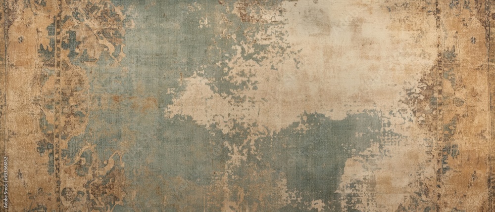 Obraz premium A distressed vintage rug with abstract patterns featuring faded blue and beige tones, evoking a rustic and antique ambiance.