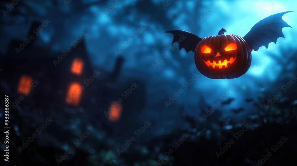 Fototapeta premium Spooky Pumpkin Creature with Wings Flying Over Haunted House in Cartoon Style - Halloween with Copy Space
