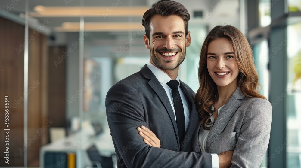 Professional portrait of a happy business man and woman in sleek office. Professional portrait of a happy business man and woman in sleek office.